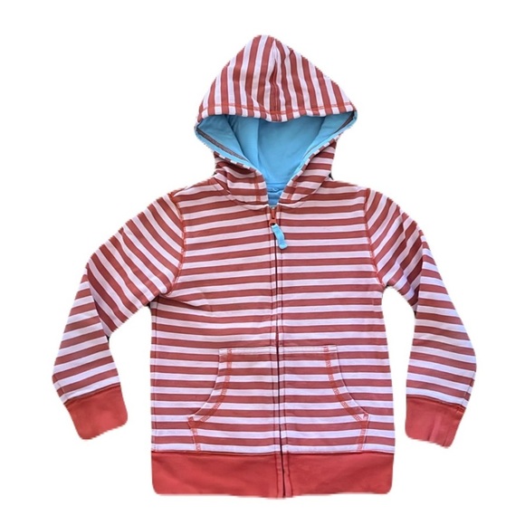 Mini Boden Zipper Hoodie Pink Red Striped Jacket Size 5-6 Y - Picture 1 of 11